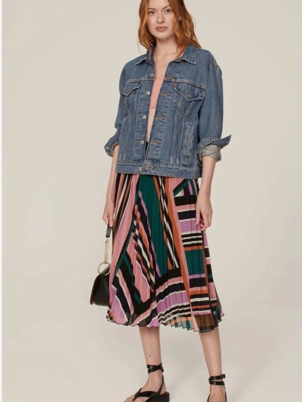 ba&sh Uhendy Pleated Midi Skirt Geometric Striped Print Lined. Size L